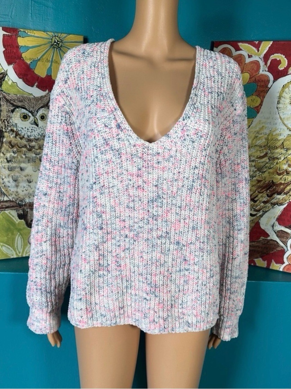 Express Sweater Women's Medium Popcorn Knit Confetti Medium Cozy V-Neck Pullover
